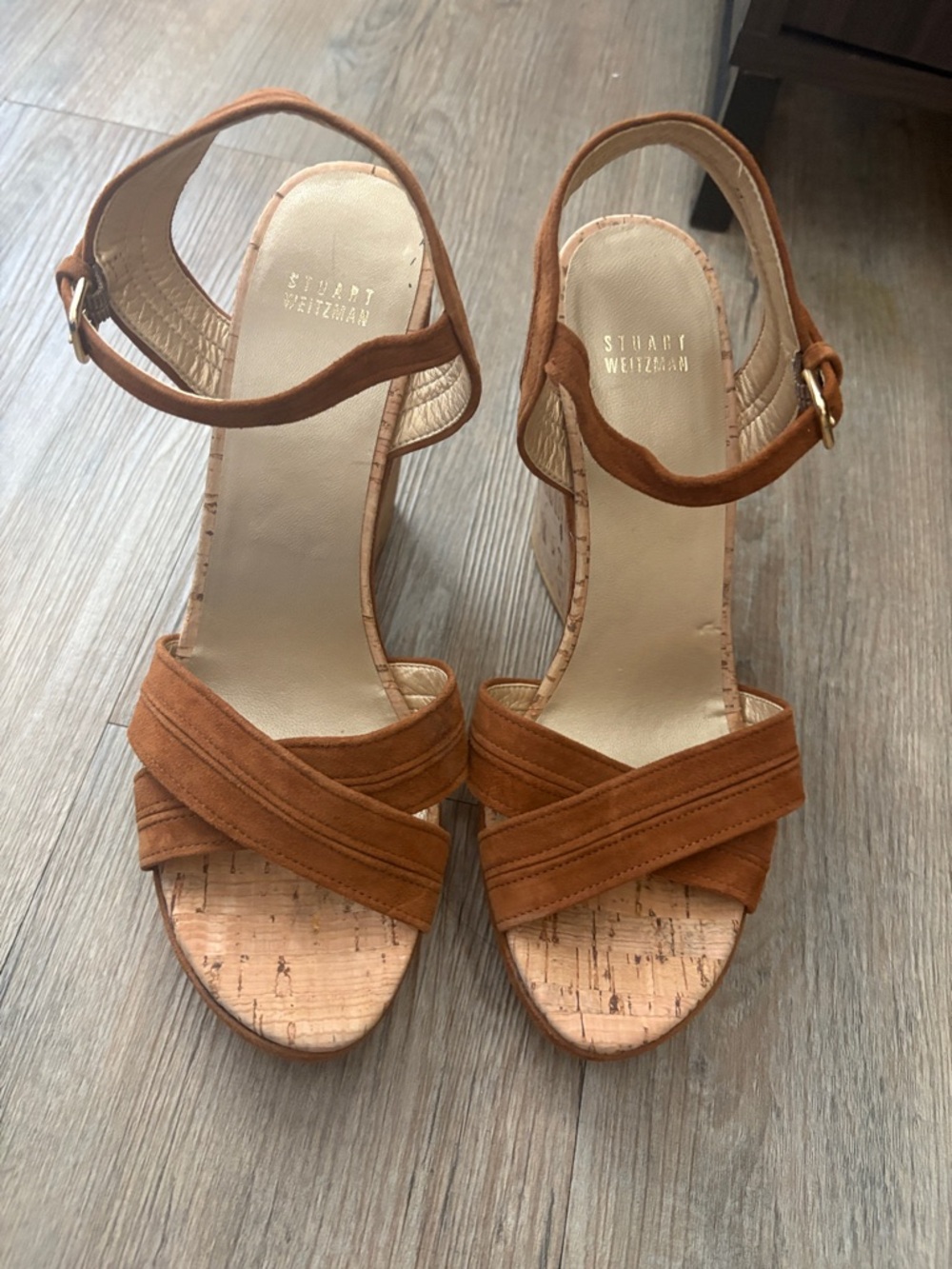 Stuart Weitzman Brown Suede Cork Platform Sandals